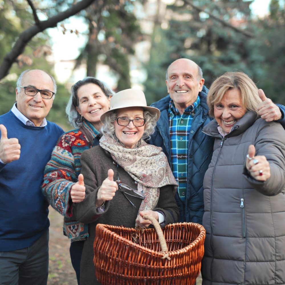 group of seniors look for mushrooms in a park